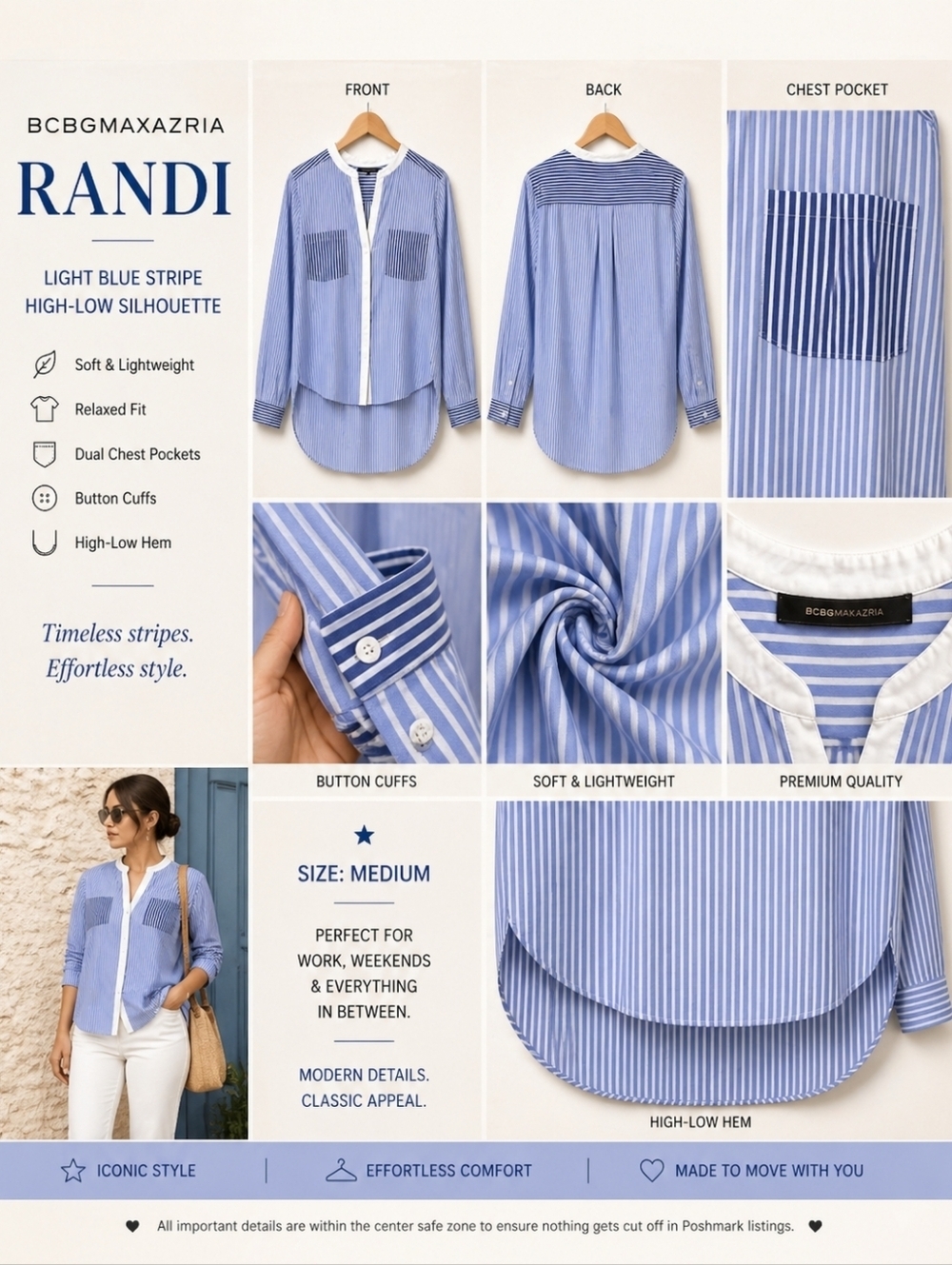 BCBGMAXAZRIA Randi Light Blue Stripe High-Low Blouse - M - Cotton Blend - Picture 8 of 8